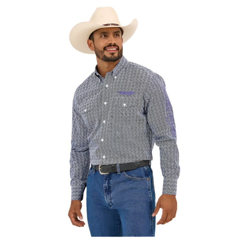 112365838 Wrangler Men’s Logo Classic Fit Long Sleeve Buttondown Shirt – Navy/Orchid Print