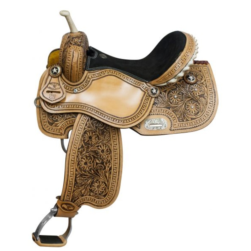 14,15, 16 Fully tooled Double T barrel saddle with black inlay