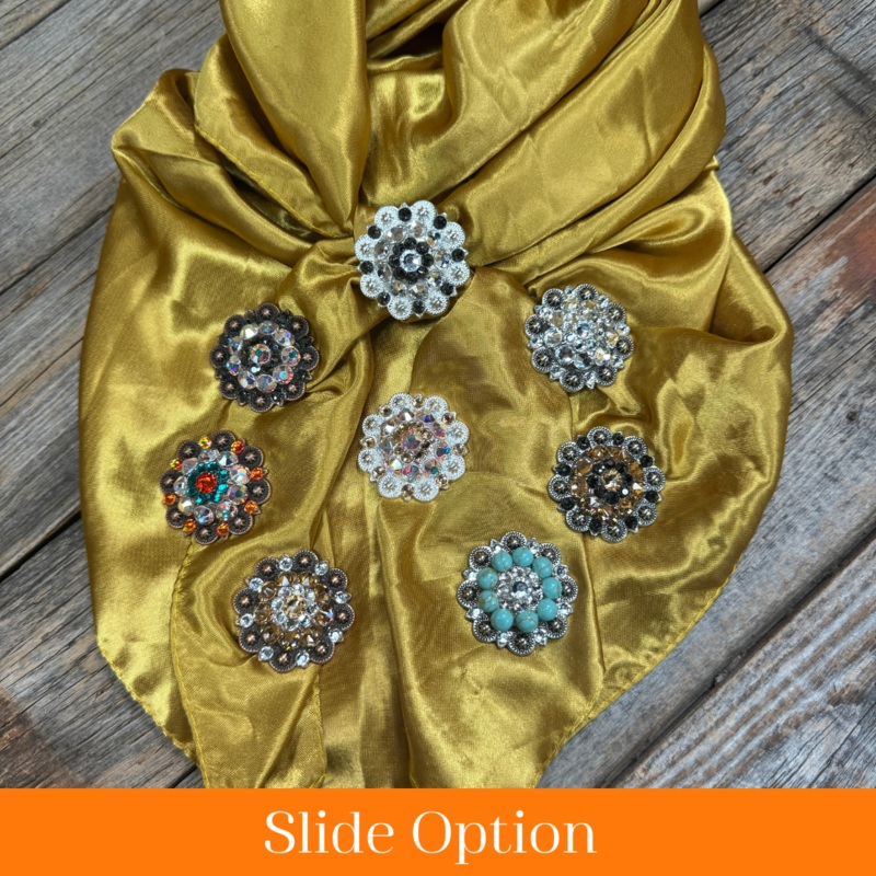 35X35″ Solid Mustard Yellow Wild Rag / Scarf WRS19 – Crystal Concho Wild Rag Slides – Assorted