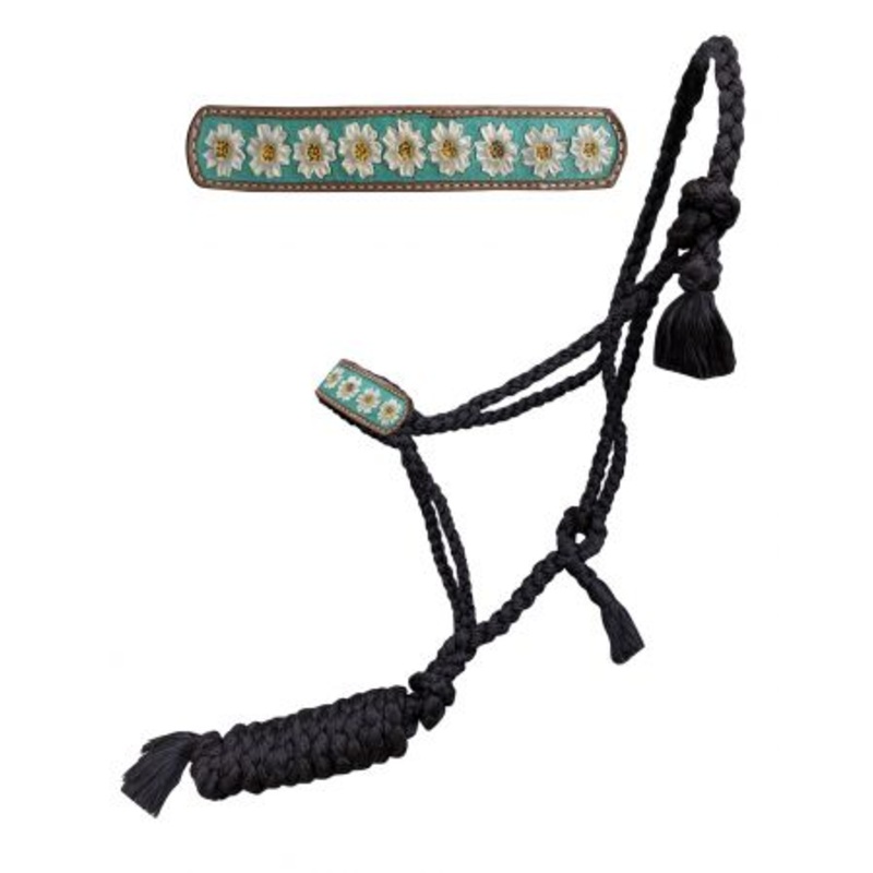 Showman  Woven black nylon mule tape halter with hand painted flower accent with teal inlay on the noseband