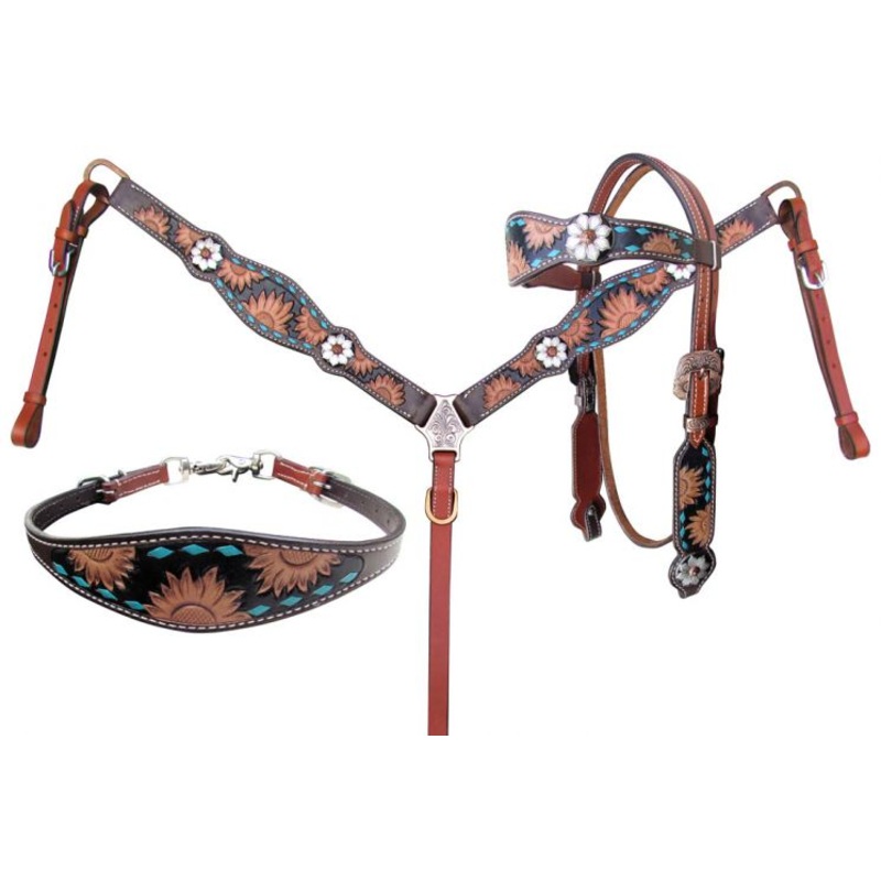#14210: Showman  Sunflower Tooled Leather Browband headstall and breastcollar set