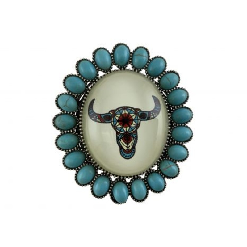 #WG179-SBTQ: Floral Cow Skull Pop Up Phone Grip with Stand- features a teal concho design with west