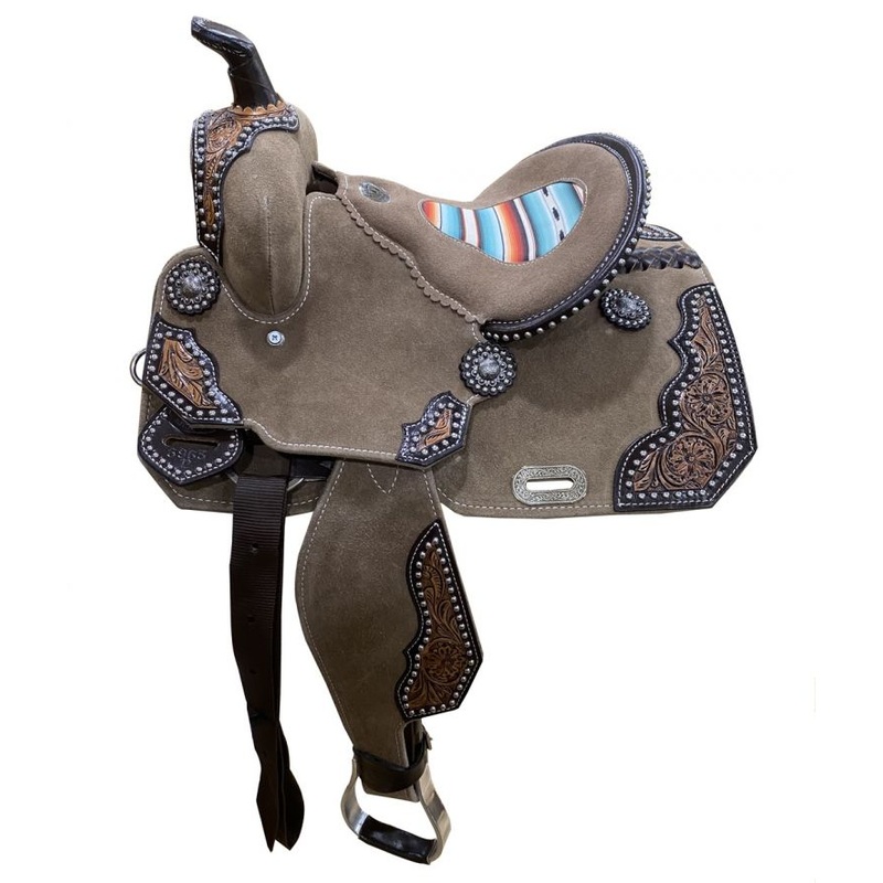 12″ DOUBLE T  Rough Out Barrel style saddle with Southwest Serape Printed Inlay