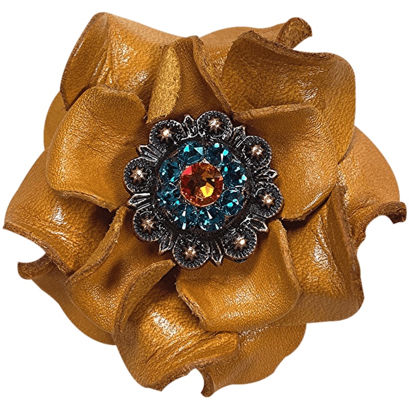 Yellow Rose Flower With Copper Fireopal and Teal 1″ Concho