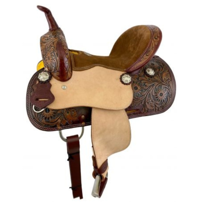 12″ DOUBLE T  BROWN SUEDE SEAT BARREL STYLE SADDLE WITH FLORAL TOOLING