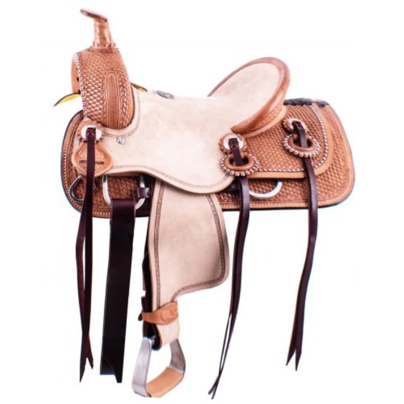 12 Double T hard seat roping style saddle with basket weave tooling