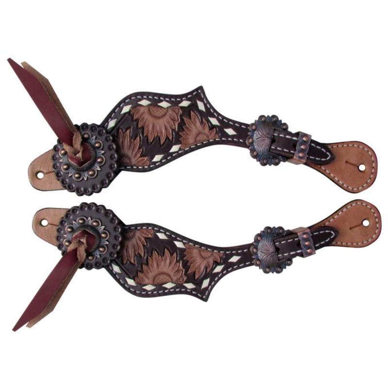 #30923: Showman LadiesSunflower Tooled Spur Straps with buckstitch trim