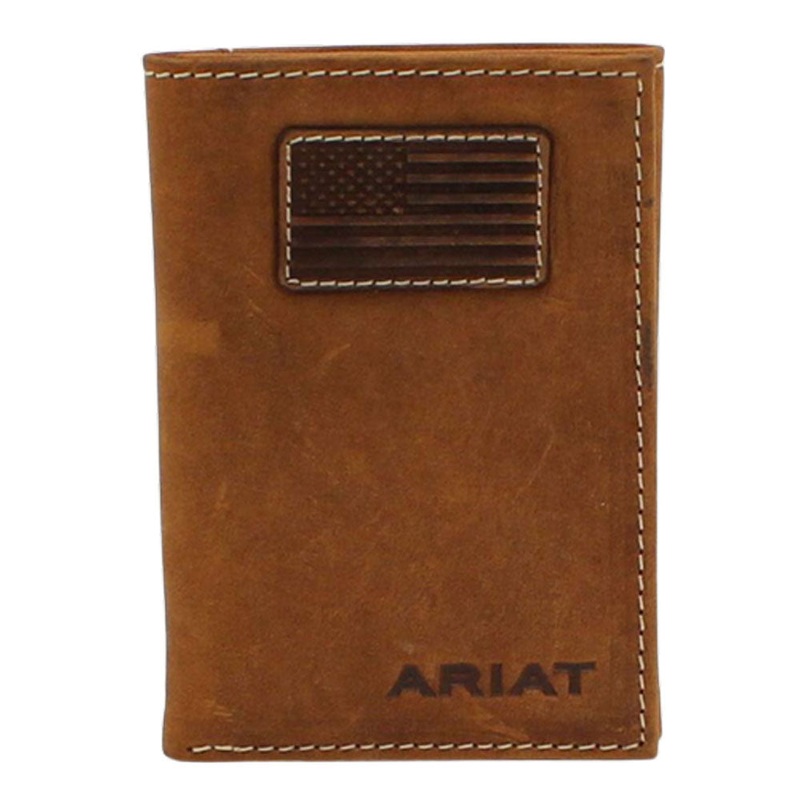 A3548444 Ariat Men’s Brown Trifold Flag Patch Logo Leather Wallet
