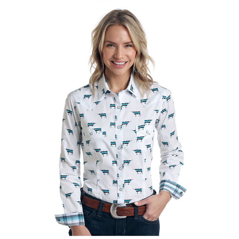 R4S6397 Panhandle Women’s Long Sleeve Steer Print El Toro Western Snap Shirt