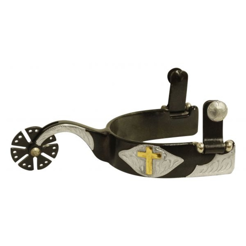 #259801: Showman Men’s Black steel spur with gold cross overlay