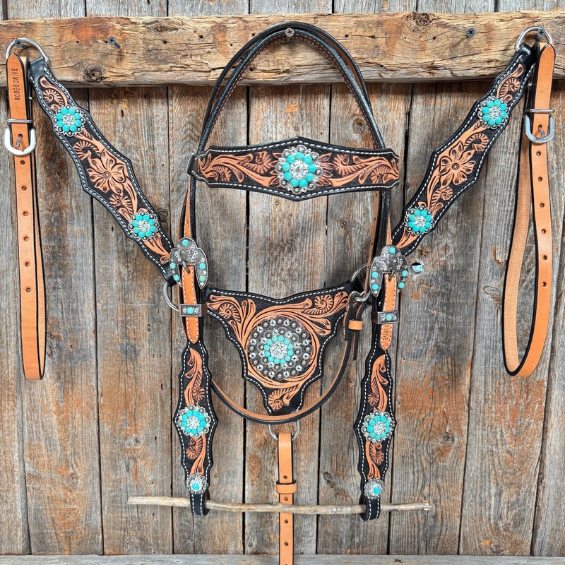 Two Tone Floral Triangle Turquoise and Clear Browband/One Ear – Triangle/Gladiator Breastcollar Tack Set #OEBC509