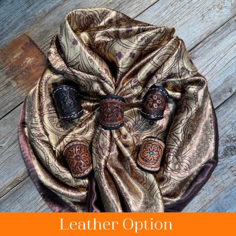 35X35″ Earth Tones Paisley Wild Rag / Scarf WR3402 – Tooled Leather Wild Rag Slides – Assorted