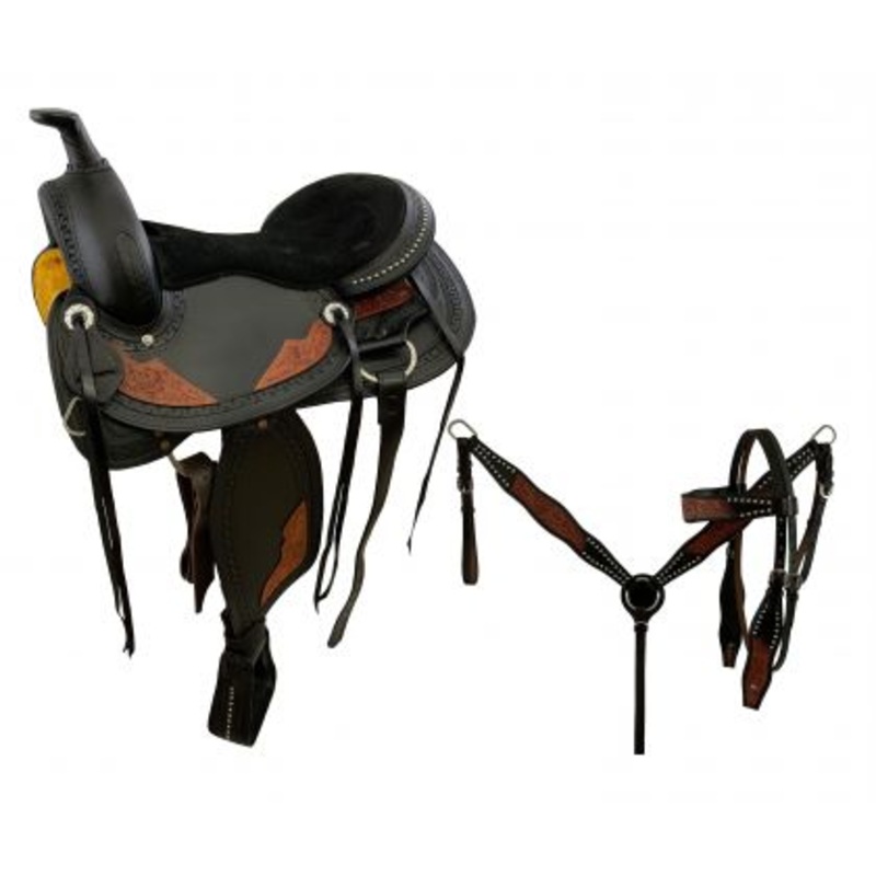 #SDP002: 16″ Economy Two-Tone Black & Medium oil Barrel Saddle Set with medium floral tool accents