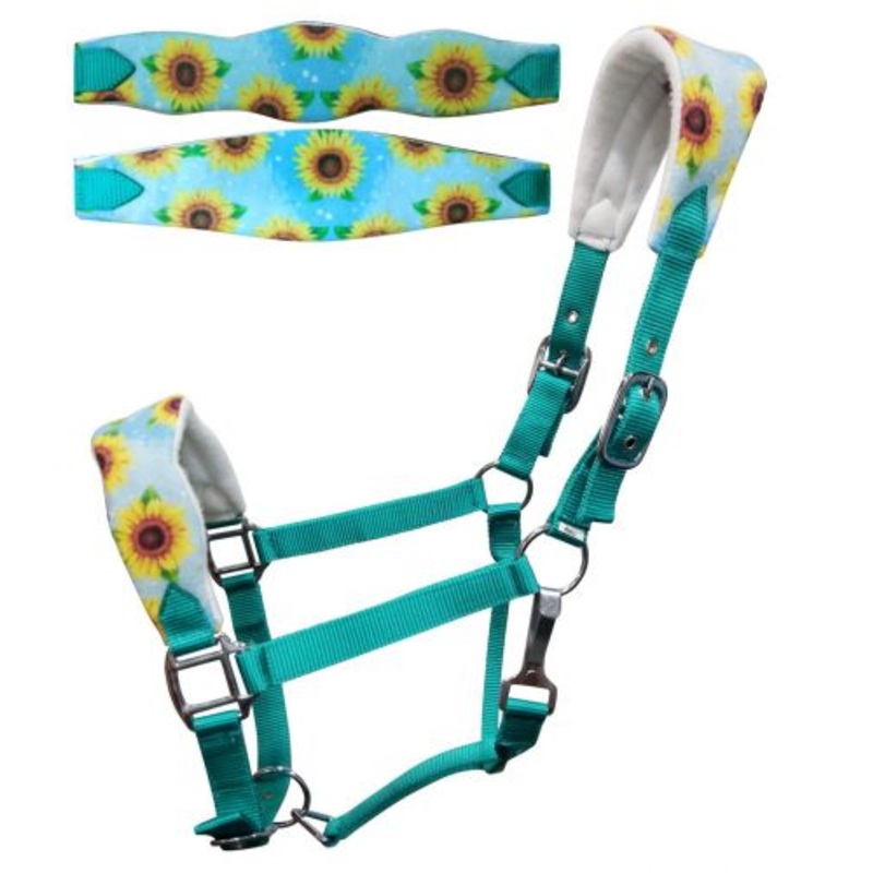 #16699: Showman  Adjustable turquoise nylon bronc halter with a sunflower noseband