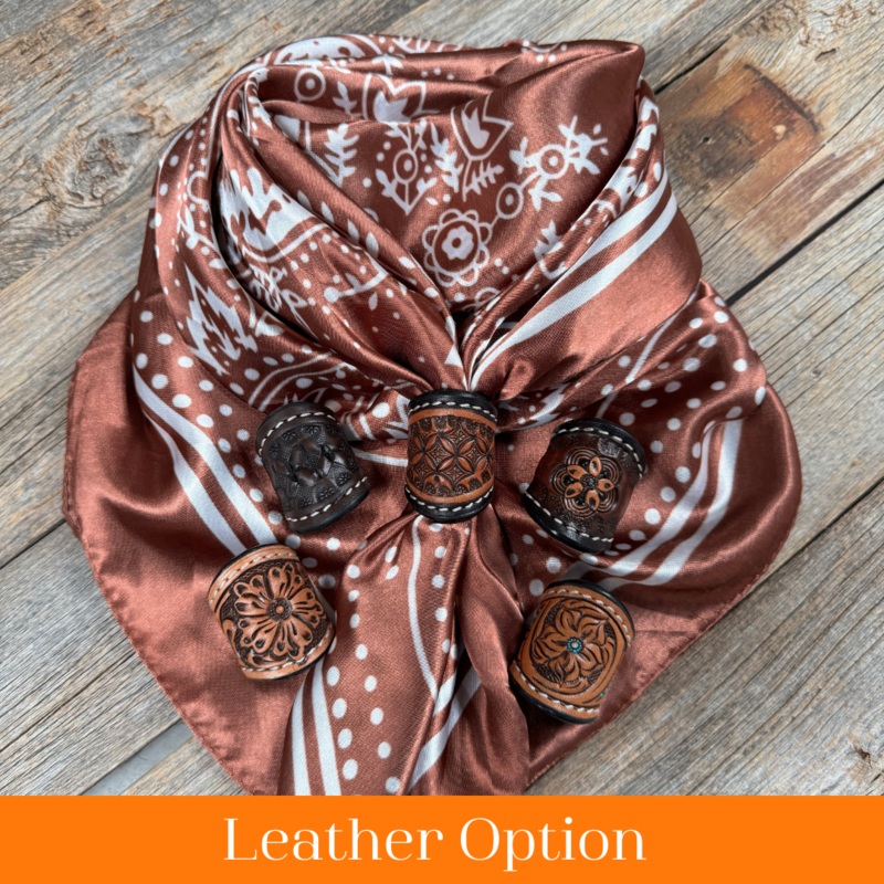 35X35″ Copper Floral Paisley Wild Rag / Scarf WR3381 – Tooled Leather Wild Rag Slides – Assorted