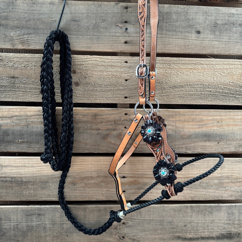 Floral Tooled Lariat & Leather Combo Halter #LH106