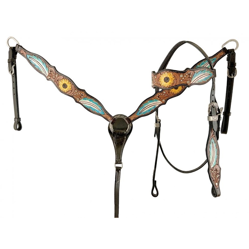 Showman  Two Tone Leather Headstall & Breastcollar set with Painted Blue feather and sunflower design