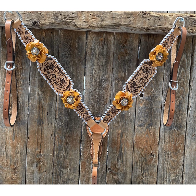 Whipstitch Breastcollar – Yellow Roses & European Conchos #BC286