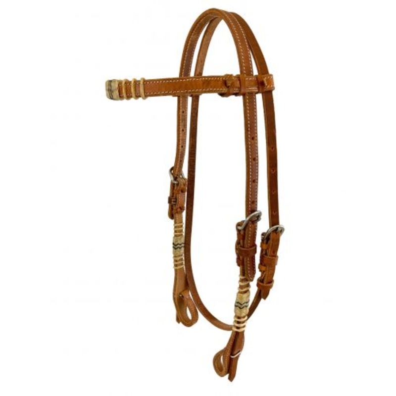 #AK-310: Showman  Browband Harness Leather headstall with quick change bit loops and rawhide accen