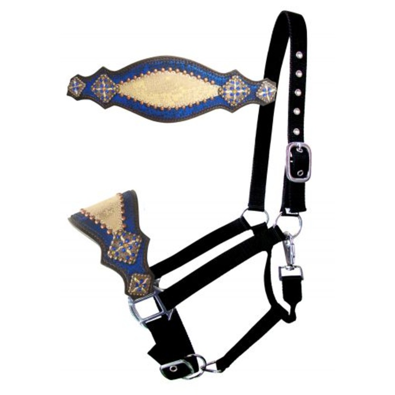 #16763: Showman  Nylon bronc halter with royal blue and gold metallic print inlay