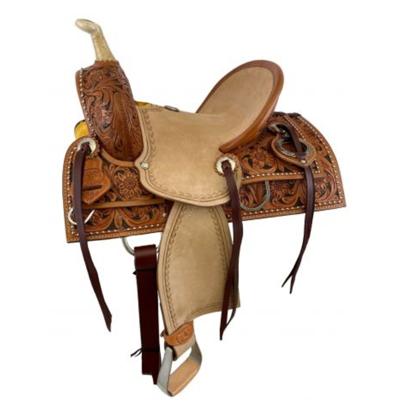 #539412: 12″ Double T hard seat roping style saddle with floral tooling
