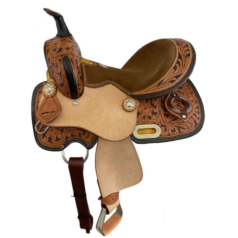 12 Double T Youth barrel style saddle with Two-Tone floral tooling