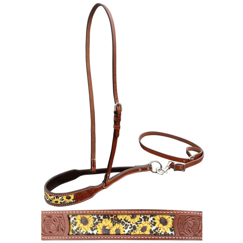 Showman  Leather noseband and tiedown with sunflower and cheetah printed leather nose