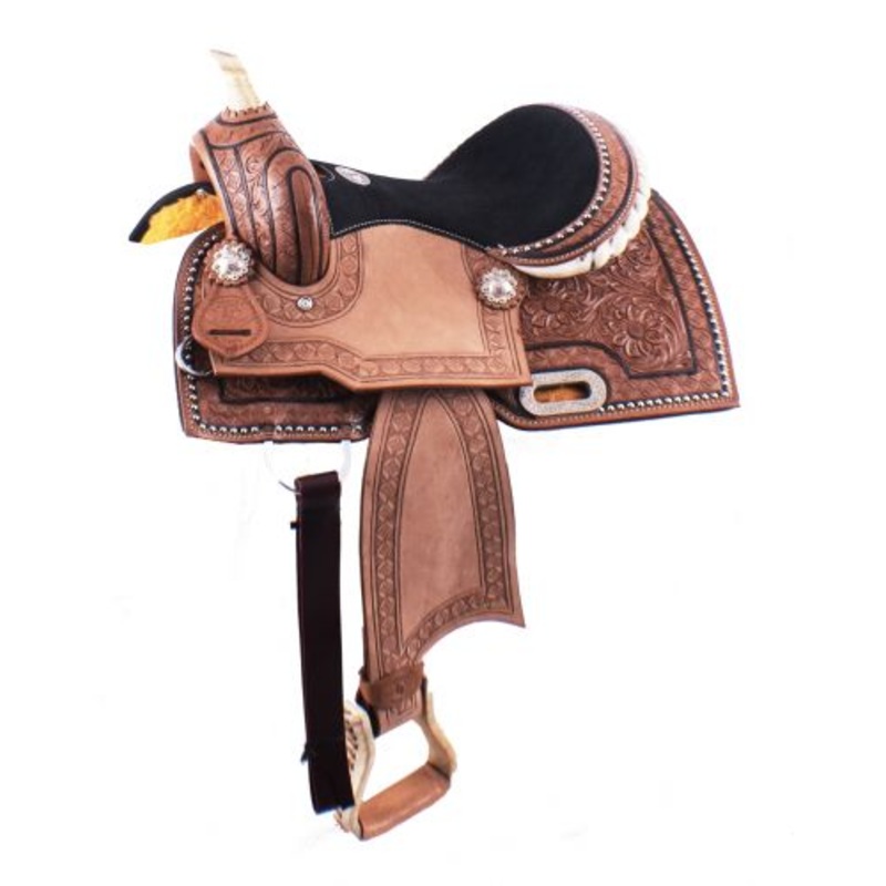 #536512: 12″ Double T Youth Barrel Style Saddle with hand floral tooling