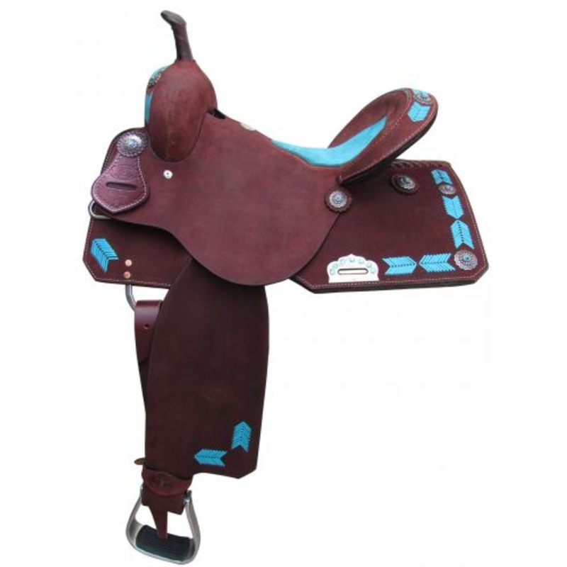 #6831: 15″, 16″Circle SBarrel Style Saddle with turquoise leather laced arrow trim