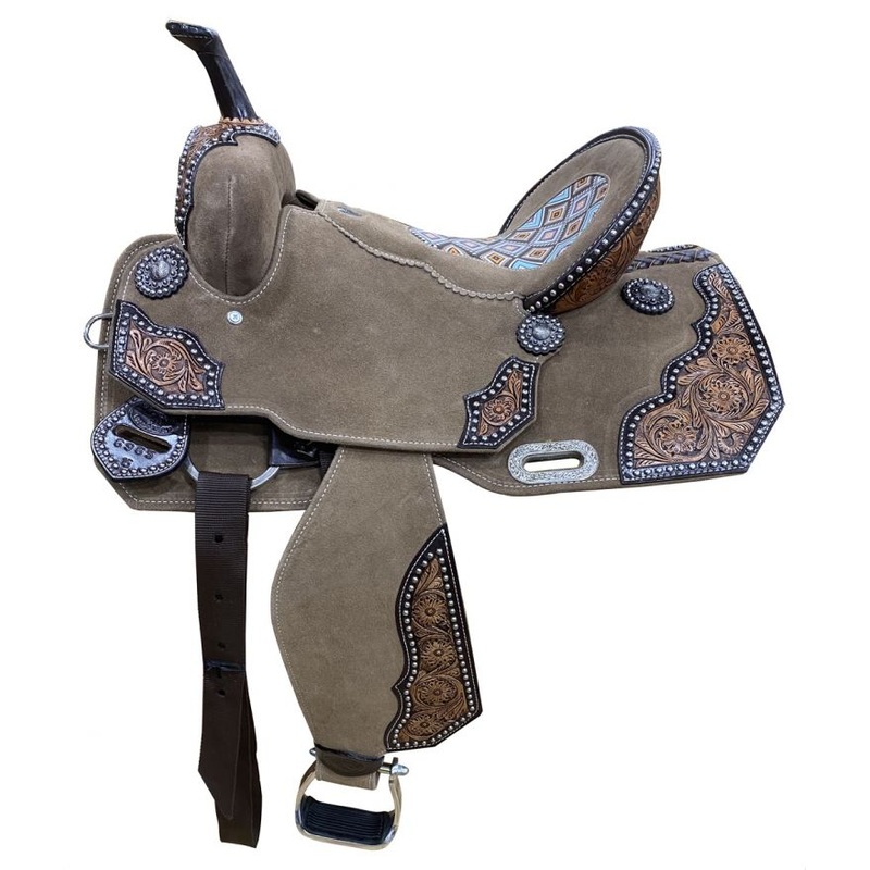 14, 15 DOUBLE T Barrel style saddle with Aztec Printed Inlay
