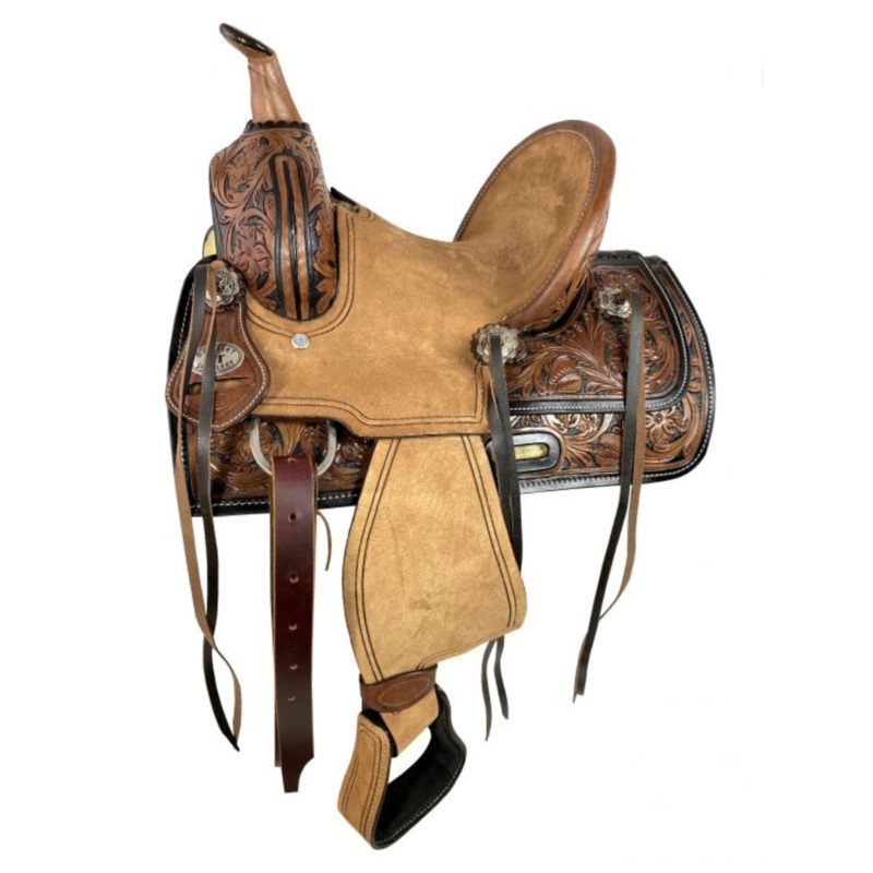 10″ Double T  Youth ranch style saddle with Two-Tone floral tooling