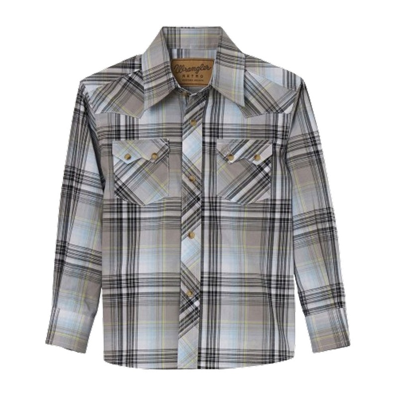 112344305 Wrangler Boys Retro Long Sleeve Snap Shirt – Grey Plaid