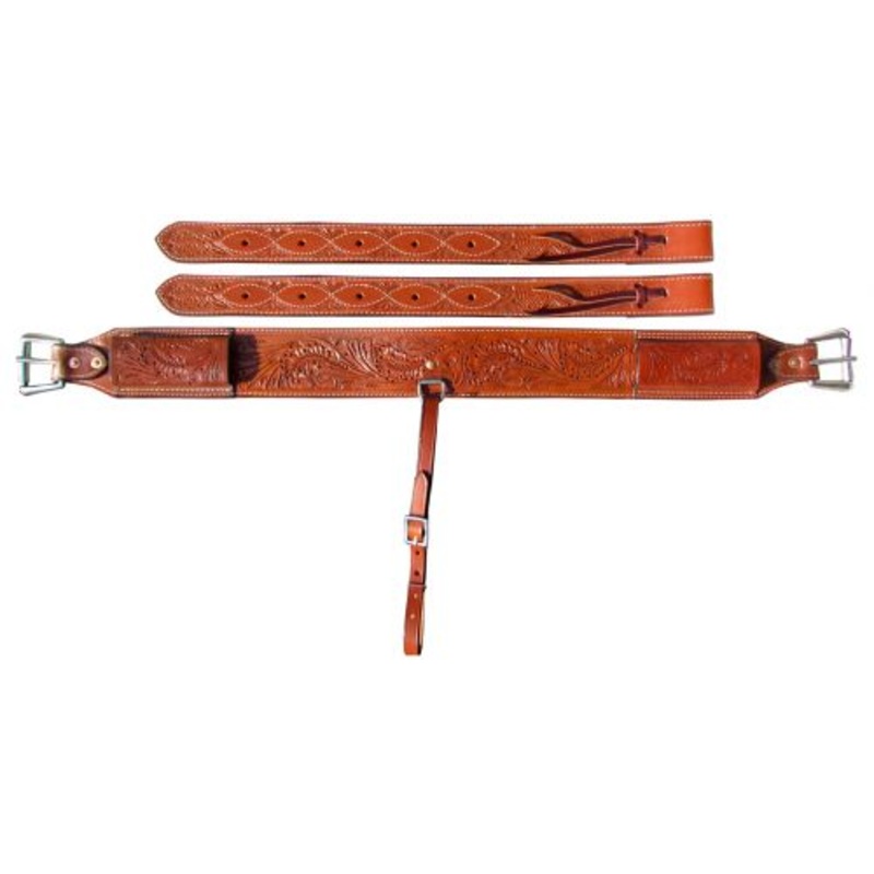 #14464: Showman 3″ wide Accorn Tooled Leather back cinch with roller buckles