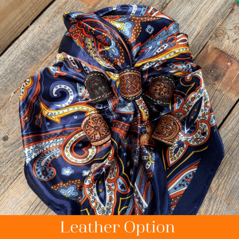 35X35″ Blue Hippie Paisley Wild Rag / Scarf WR906 – Tooled Leather Wild Rag Slides – Assorted