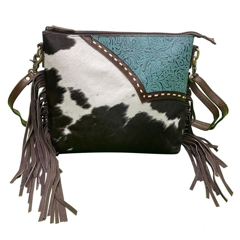 Klassy Cowgirl Genuine Hair-on Cowhide Leather Fringe Tooled Crossbody Bag