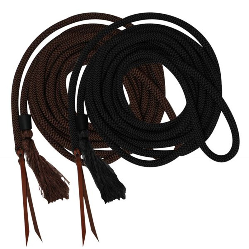 23′ round nylon braided mecate reins with leather ends