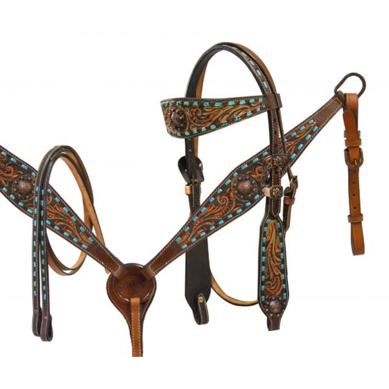 #7721: Showman  Teal buck stitched headstall and breast collar set with engraved bronze conchos