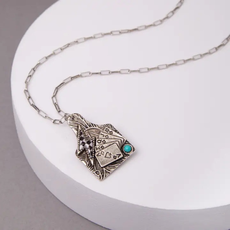 Western Checker Flag Thunder Royal Flush Cattle Tag Necklace