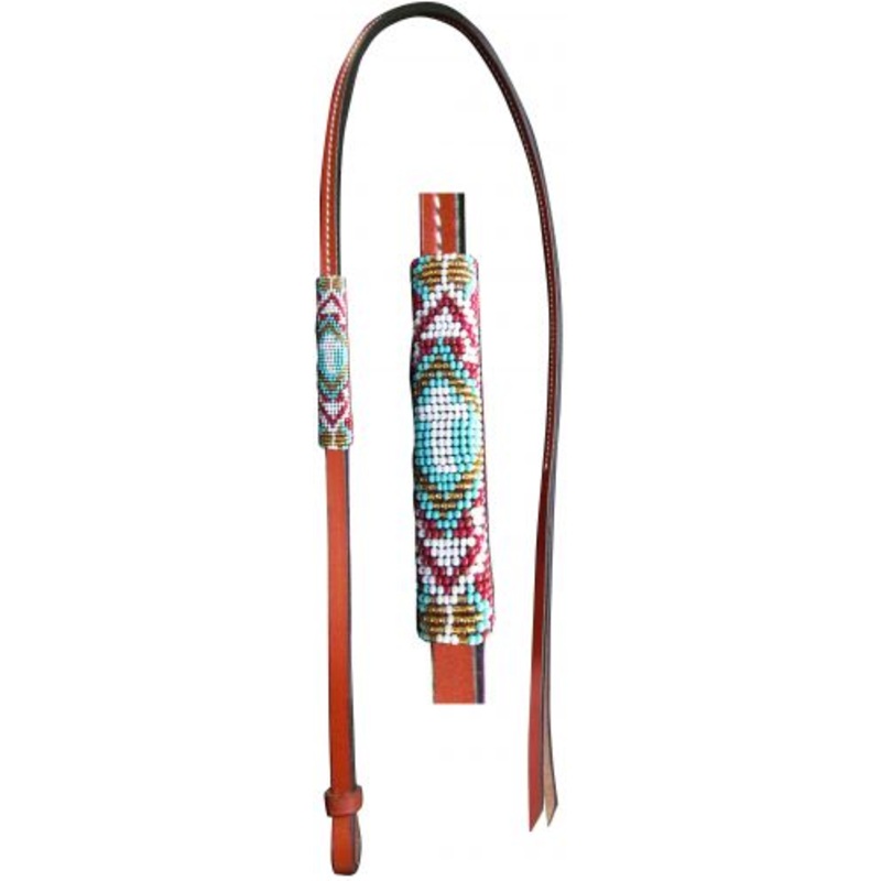 #176920: Showman 4ft Leather over & under whip with teal, red, and gold cross designed beaded over