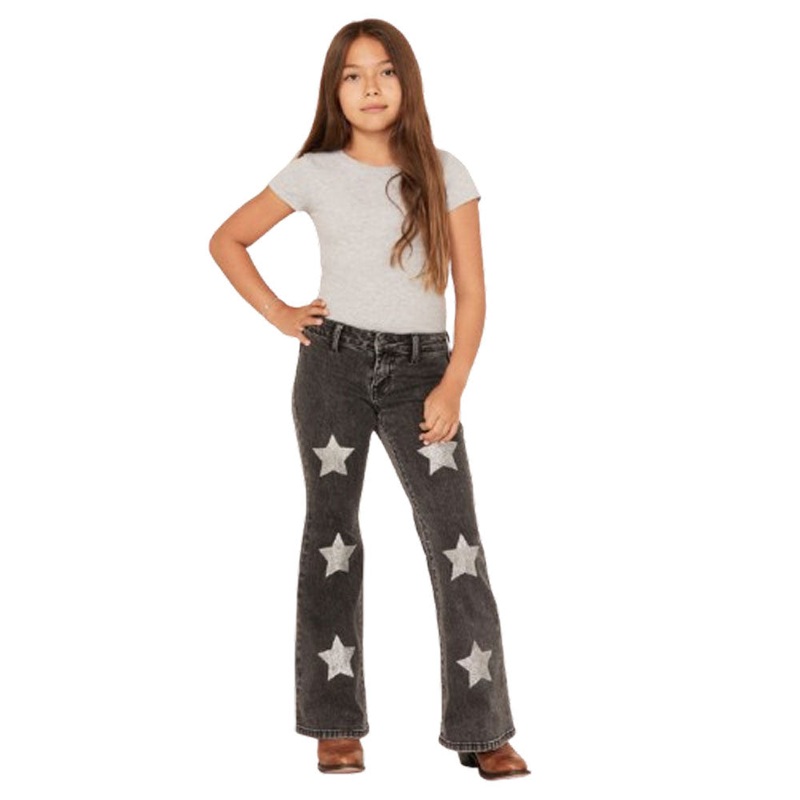 BG6PD05337 Rock & Roll Girls’ Star Print Flare Jean – Charcoal