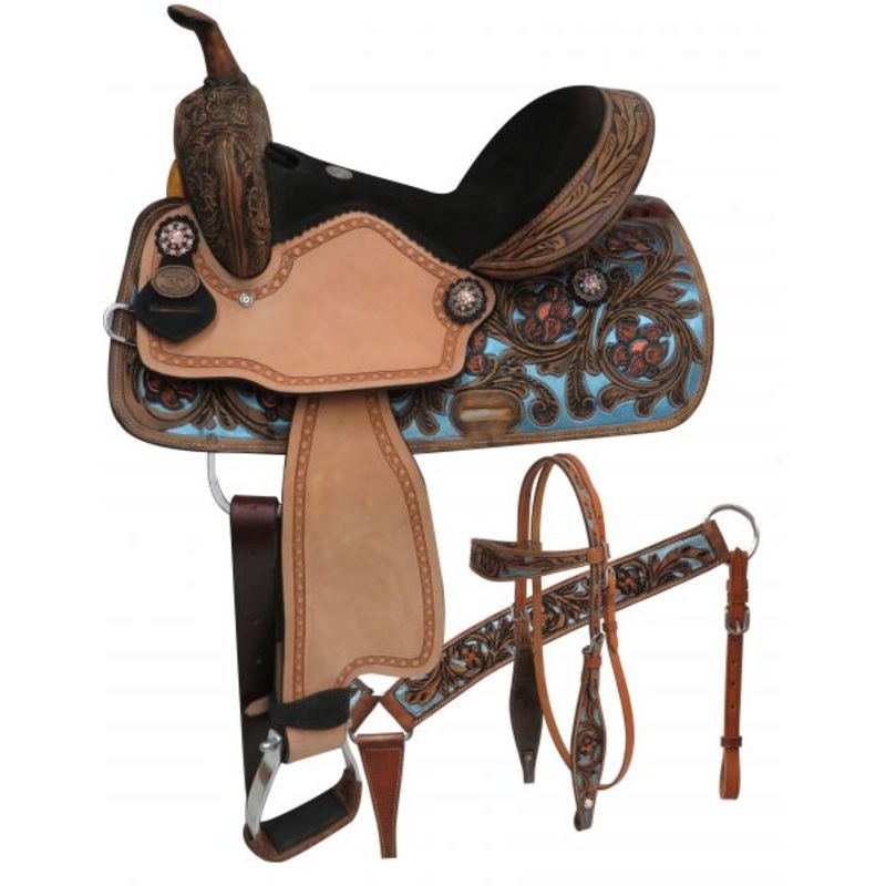 #15802: 14″, 15″,Double T barrel stylesaddle set withmetallic painted tooling