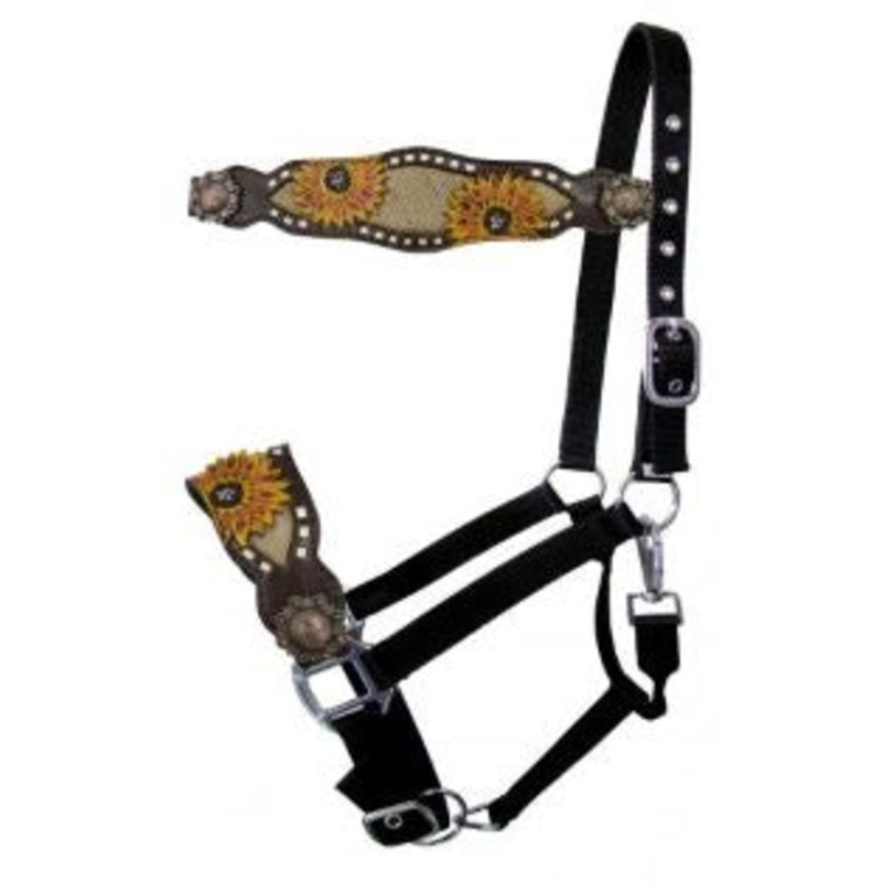 #16752: Showman  Adjustable black nylon bronc halter with painted sunflower design with burlap in