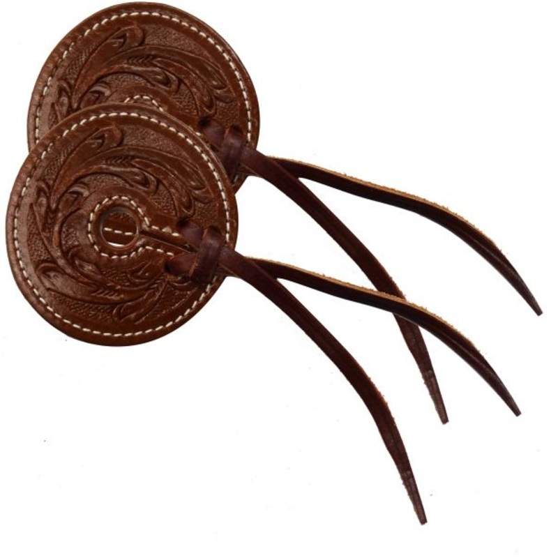 #175982: Floral tooled 3″ wide leather bit guard with leather strap closure