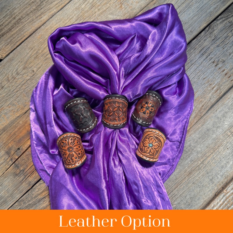 35X35″ Solid Purple Wild Rag / Scarf WRS1 – Tooled Leather Wild Rag Slides – Assorted