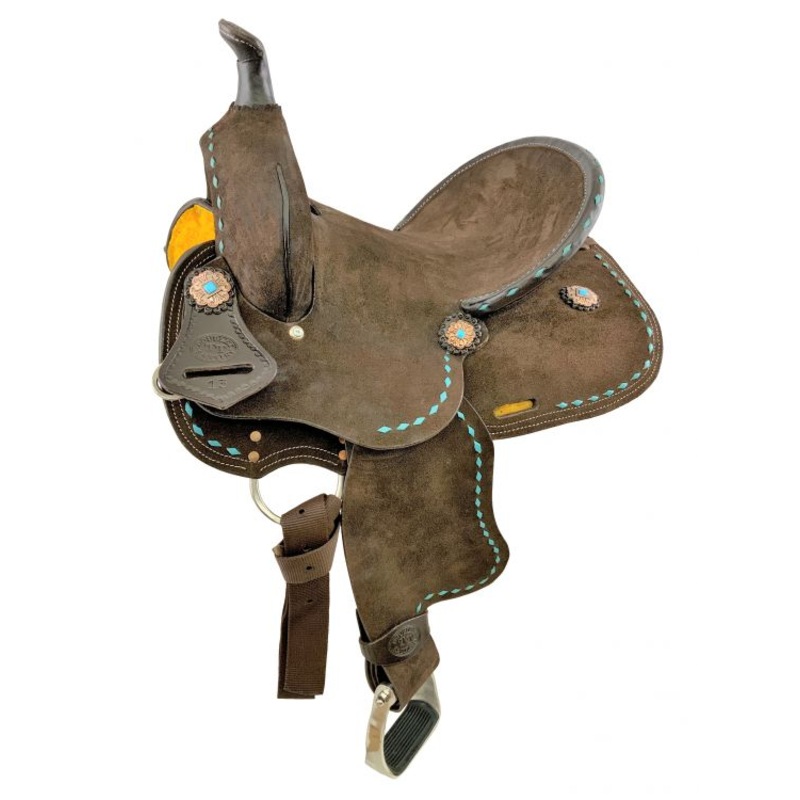 13 Double T Barrel style saddle with Teal buckstitch accents