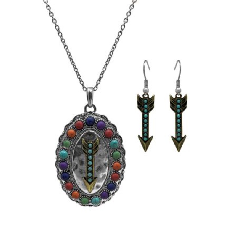 Western Style Arrow Pendant Necklace and Earrings Set