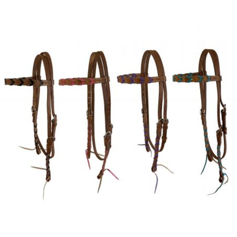 #14384: Showman  Argentina cow leather brow band headstall with colored lacing, with quick tie end