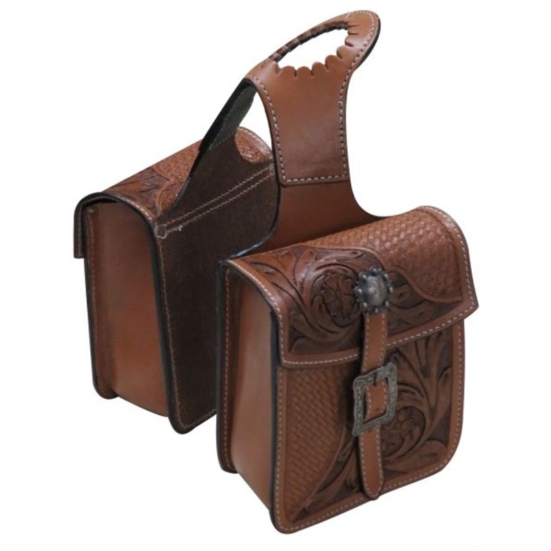 #176333: Showman  Tooled leather horn bag with floral and basket weave tooling