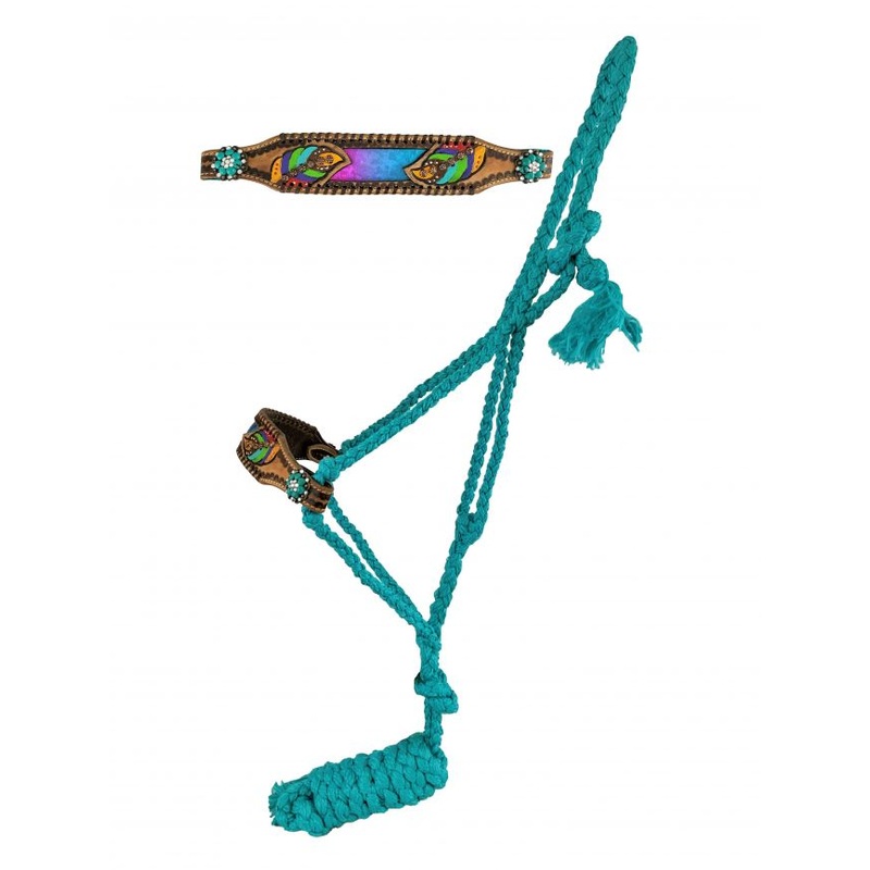 Showman  Woven teal nylon mule tape halter with painted rainbow feather on leather noseband