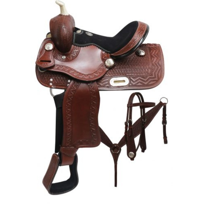 #690312: 12″ Double TYouth barrel style saddle set with zigzag and basket weave tooling